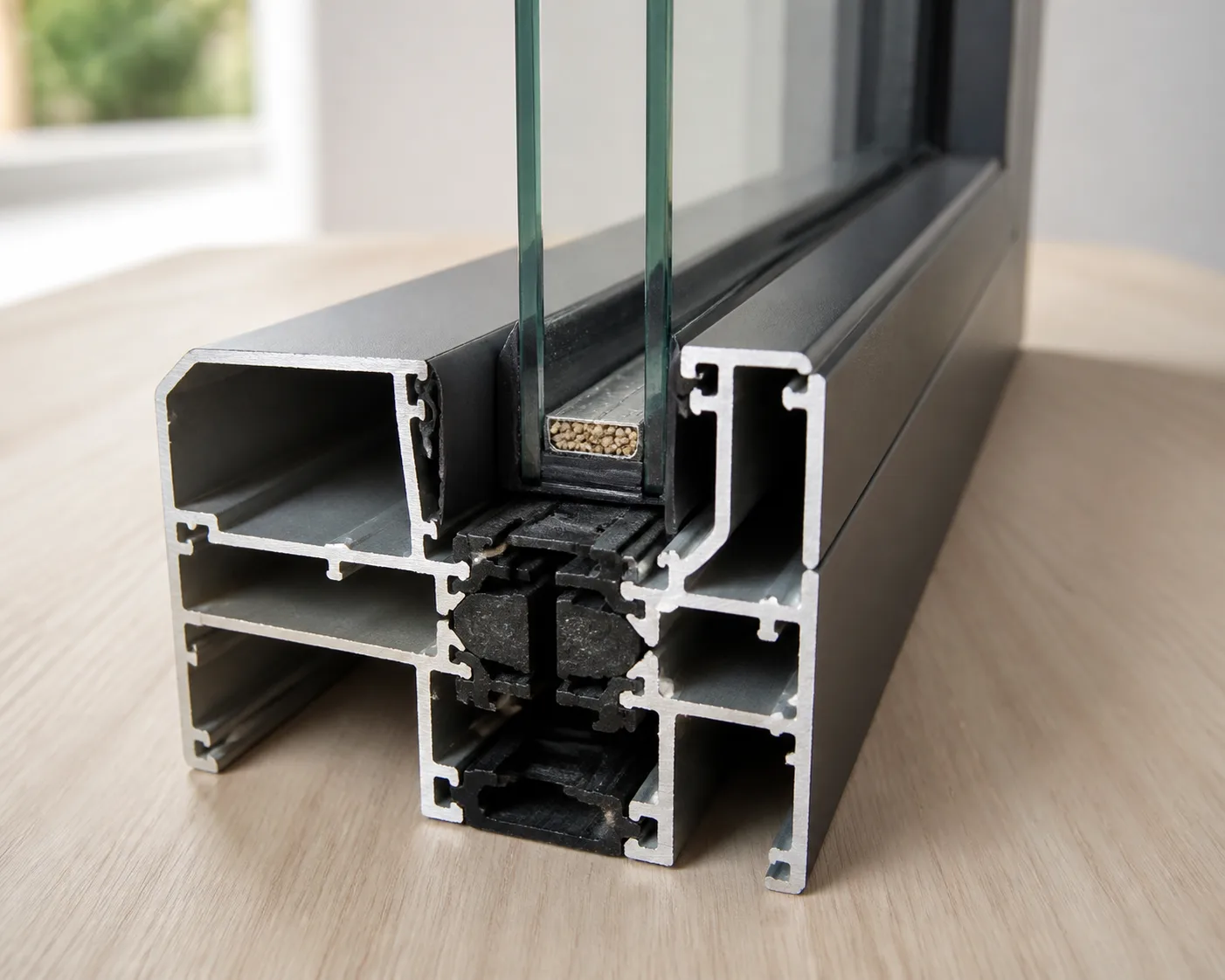 Cross-section of a thermally broken aluminum window frame with double pane glass and a black insulating strip between the metal