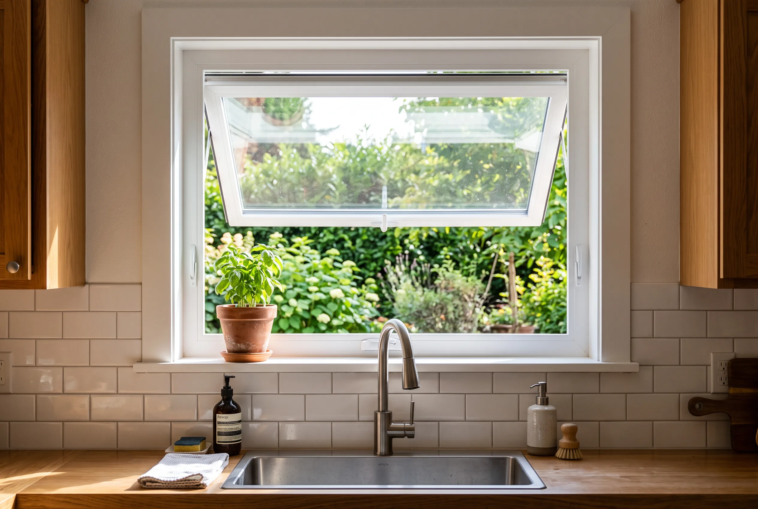 Interior view of a vinyl awning window cranked open above a Toronto kitchen sink
