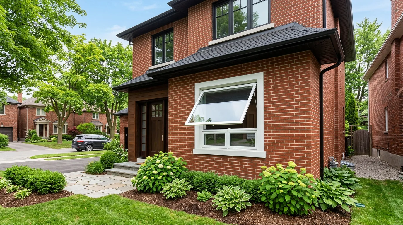 White vinyl awning window cranked open on a brick Toronto home