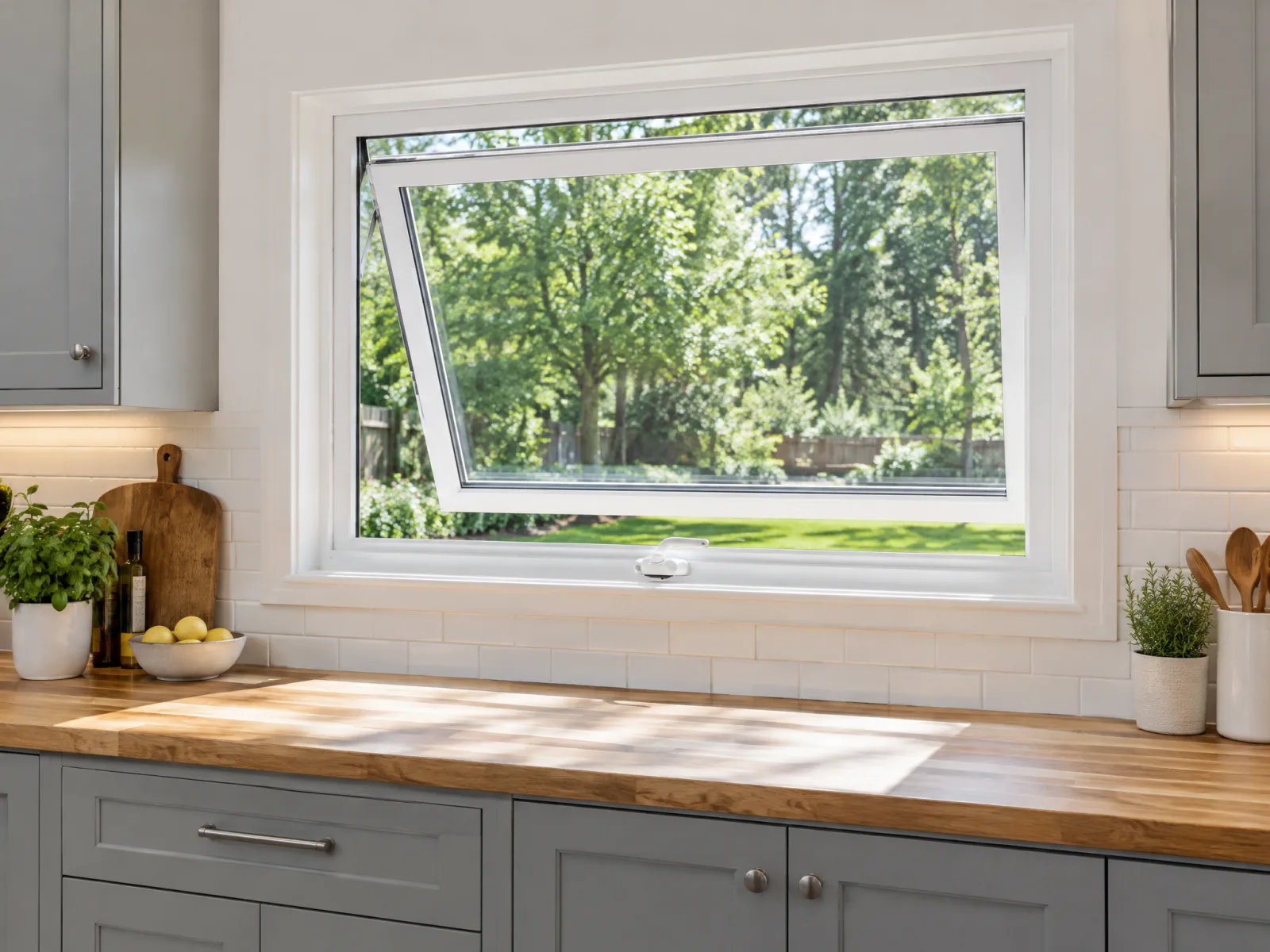 White vinyl awning window hinged at the top, opened outward above a modern kitchen counter