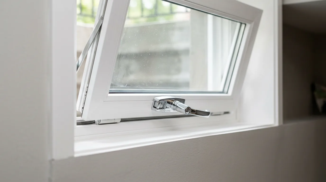 Close-up of a new vinyl hopper basement window with locking hardware