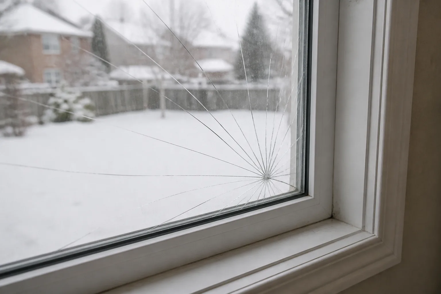 Cracked double-pane glass in a white vinyl window with a spiderweb break, snowy Ontario backyard outside