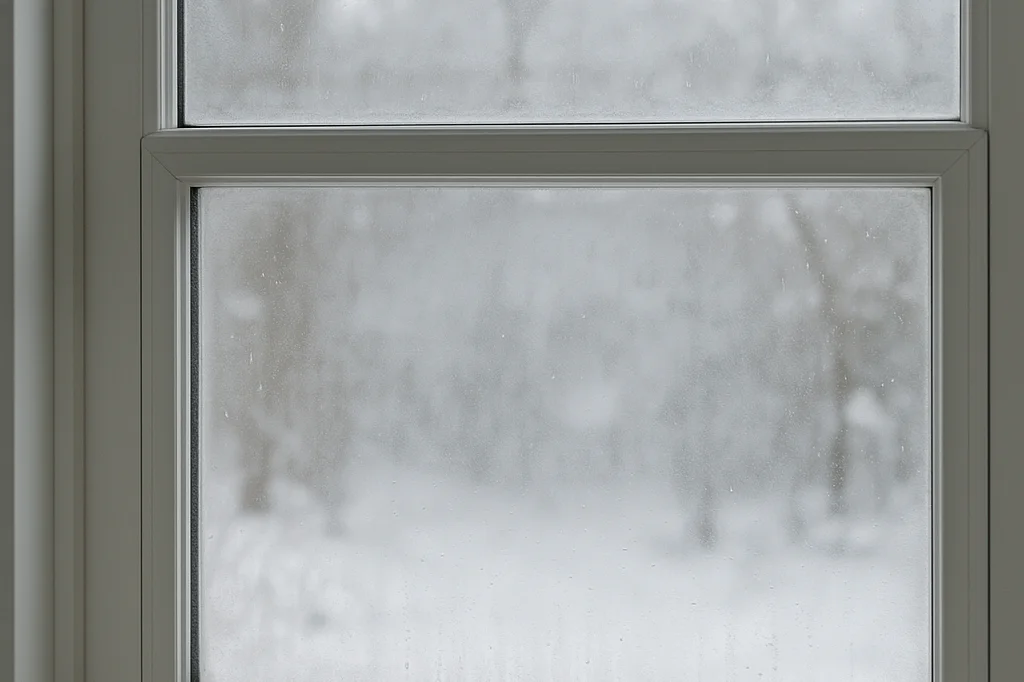 White vinyl double-hung window with milky fog trapped between the panes from a failed seal, snowy Ontario backyard blurred outside