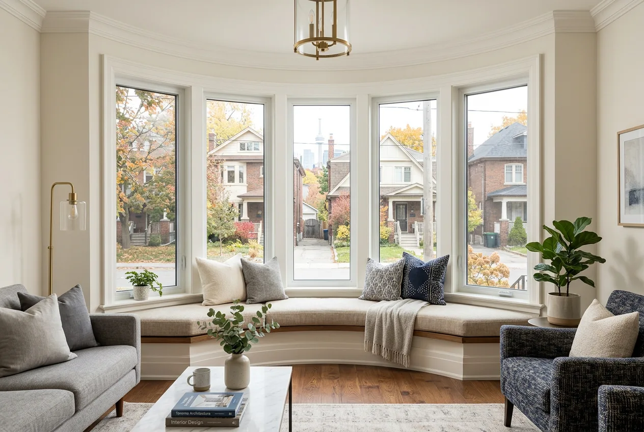 Interior view of a curved bow window with a window seat in a Toronto living room