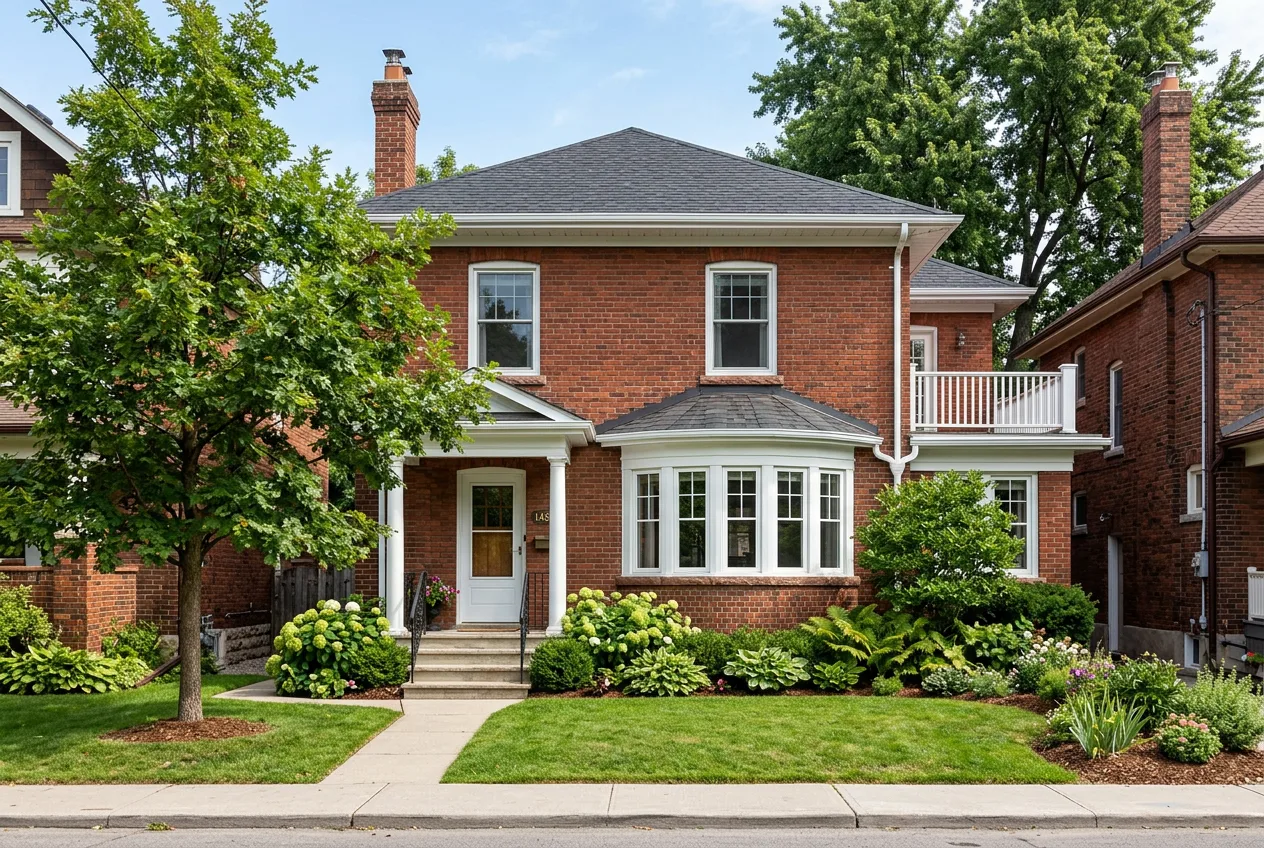 Curved white vinyl bow window on a brick century home in Toronto