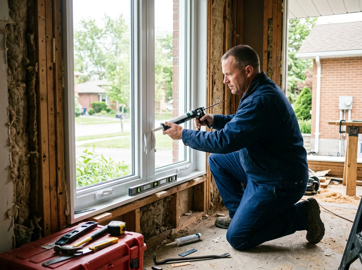 Installer fitting an energy-efficient vinyl window in a Toronto home