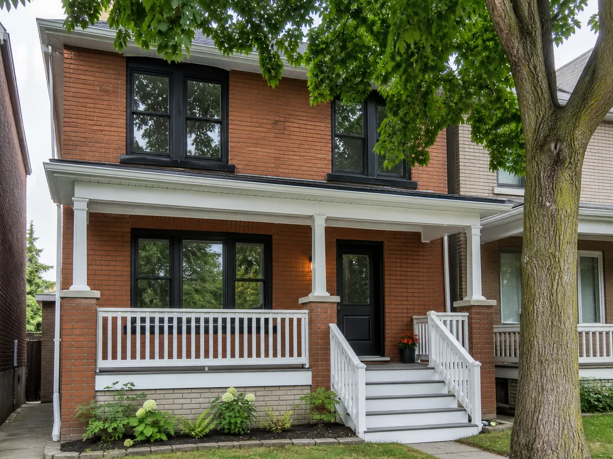 Older Ontario red brick semi-detached house with new black vinyl double-hung windows and black capping