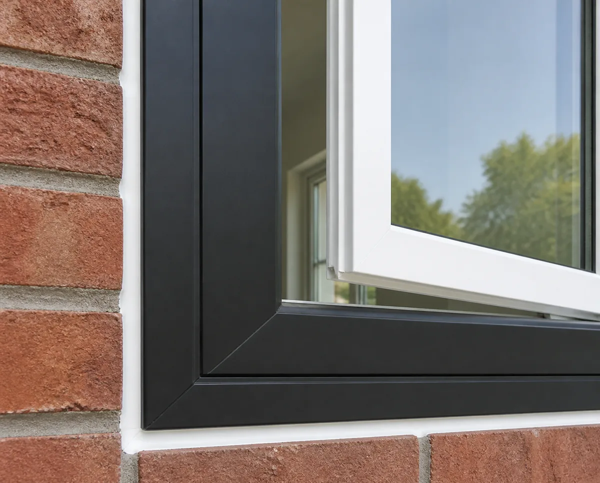 Corner of a new two-colour vinyl casement window: matte black frame outside and white frame inside