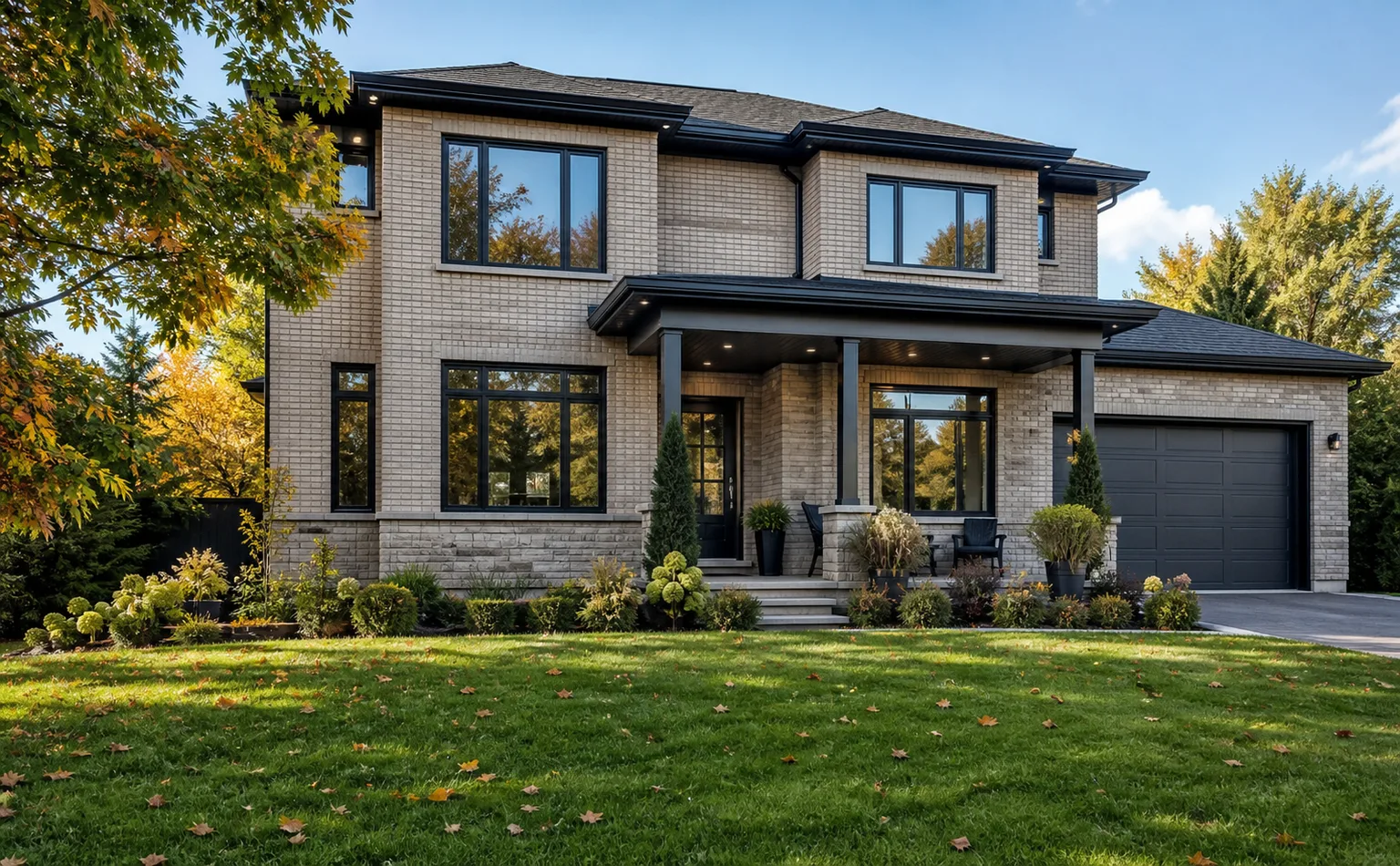 Two-storey Ontario home with buff brick and grey stone, new black-framed casement and picture windows in autumn