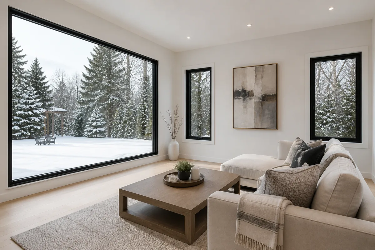 Bright living room with white walls and large black-framed picture and casement windows looking onto a snowy yard