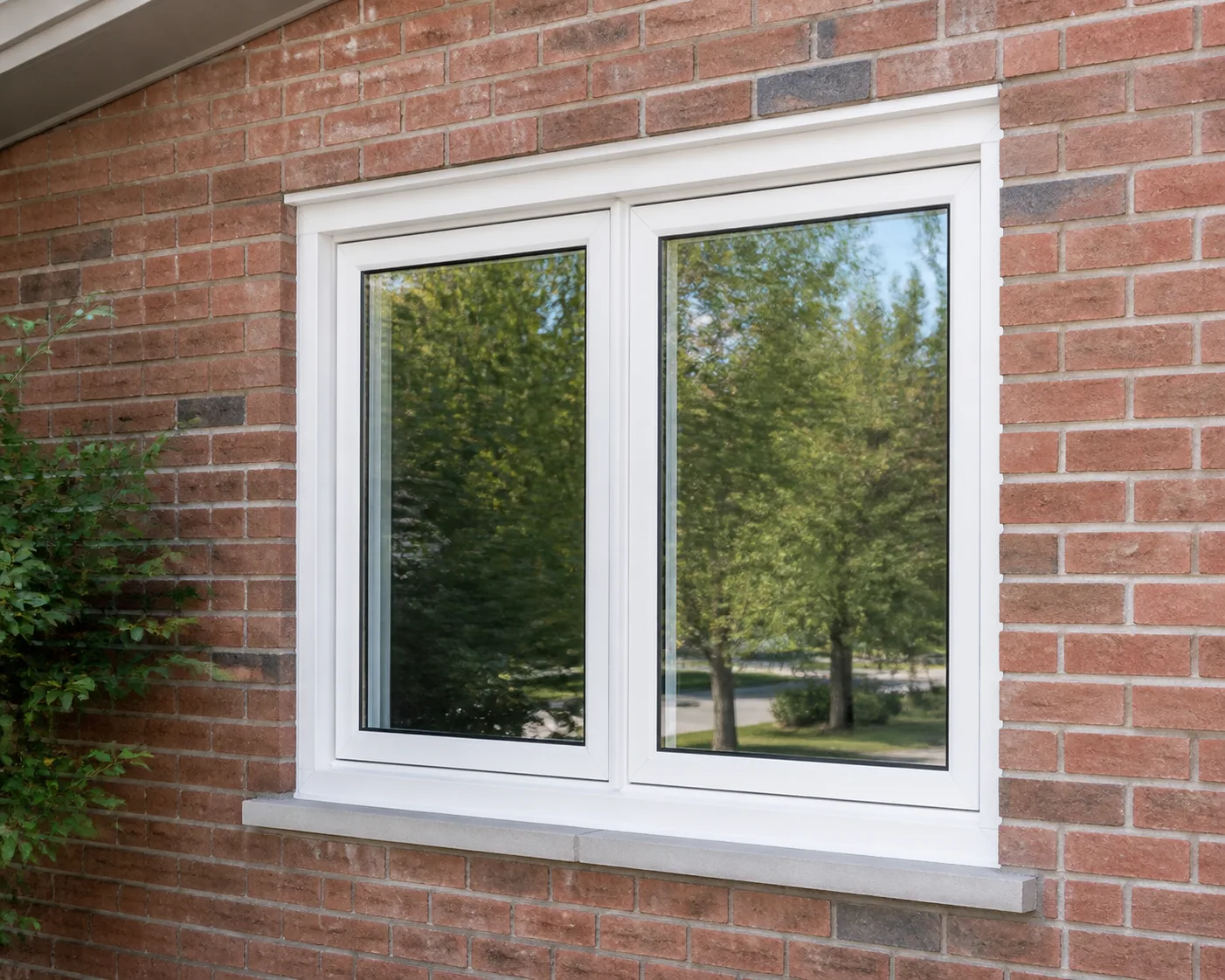 Newly installed energy-efficient vinyl casement windows in a red brick Burlington home
