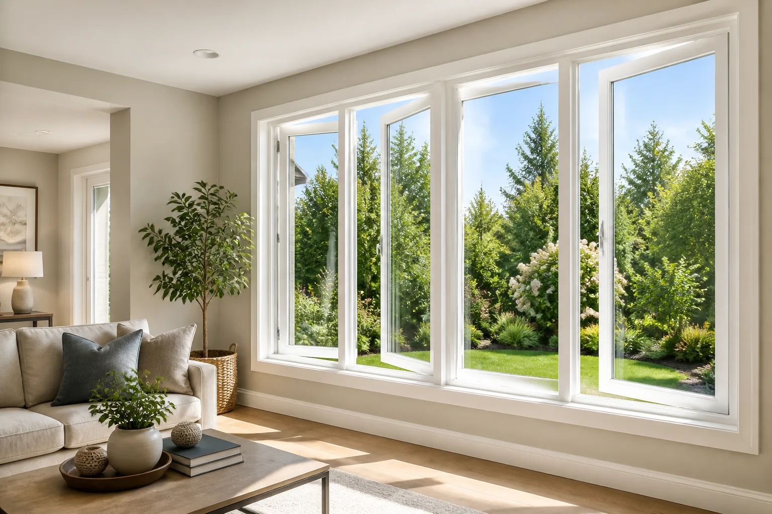 White vinyl casement windows cranked open in a bright Burlington living room overlooking a garden