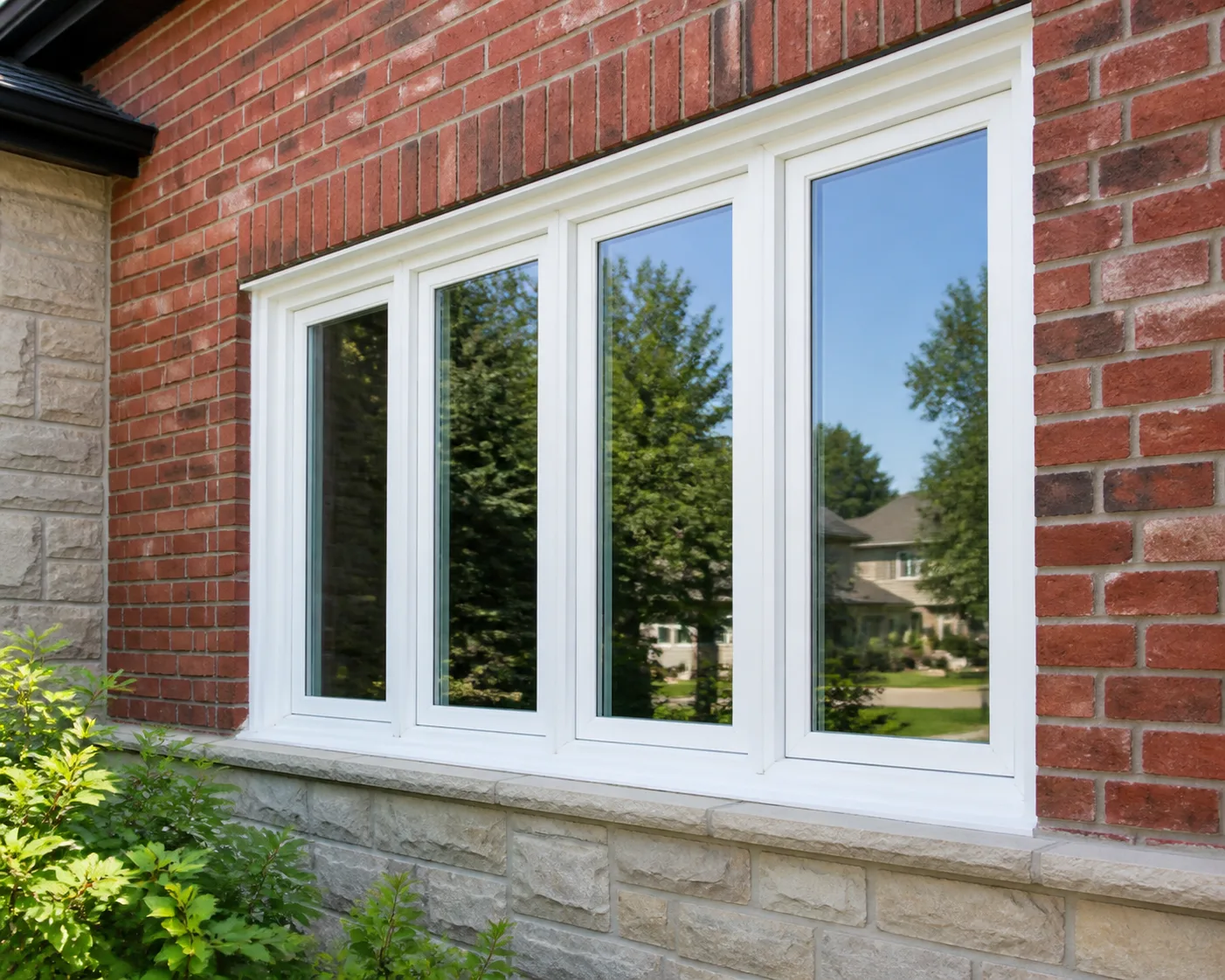 Newly installed energy-efficient vinyl casement windows in a red brick and stone Oakville home
