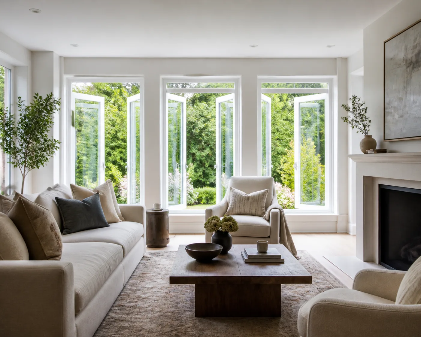 White vinyl casement windows cranked open in a bright Oakville living room overlooking a garden