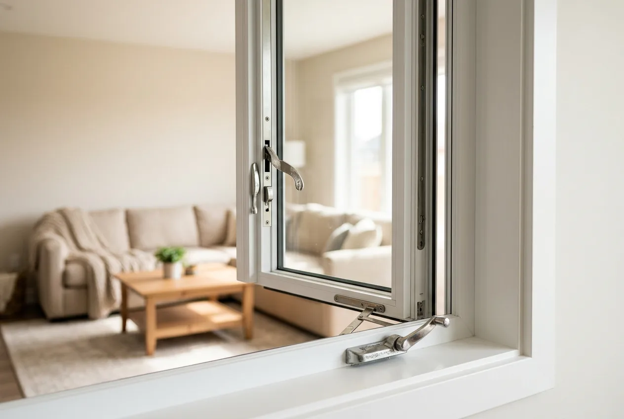 Interior close-up of a vinyl casement window crank and lock in a Toronto living room