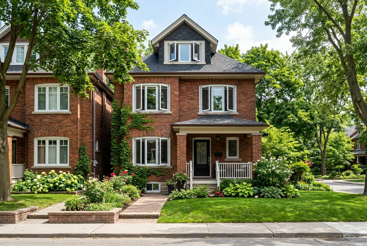 White vinyl casement windows on a brick century home in Toronto