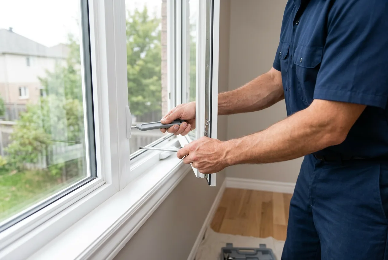 Installer fitting an energy-efficient vinyl casement window in a Toronto home