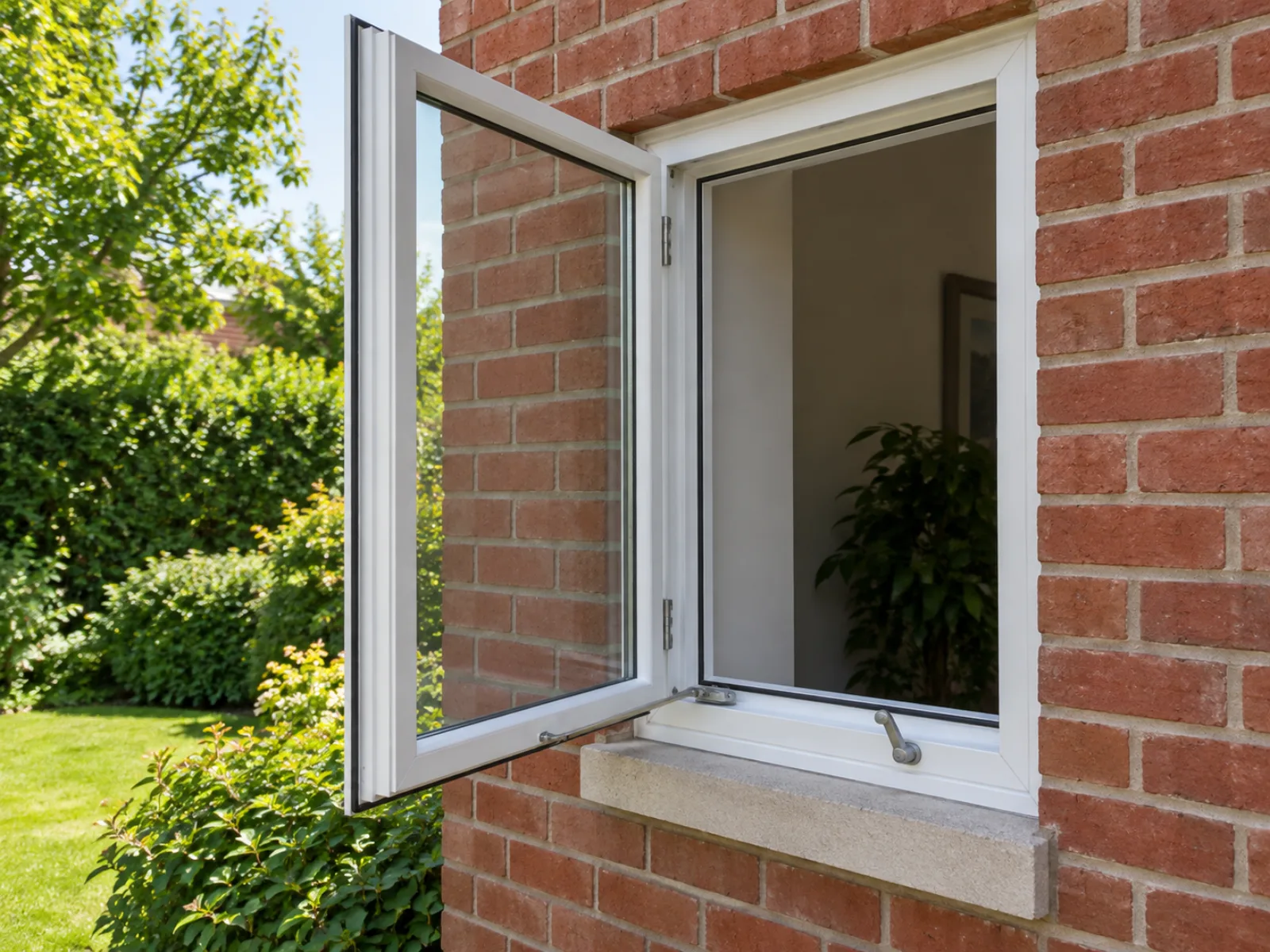 White vinyl casement window cranked open outward on an upscale Canadian home