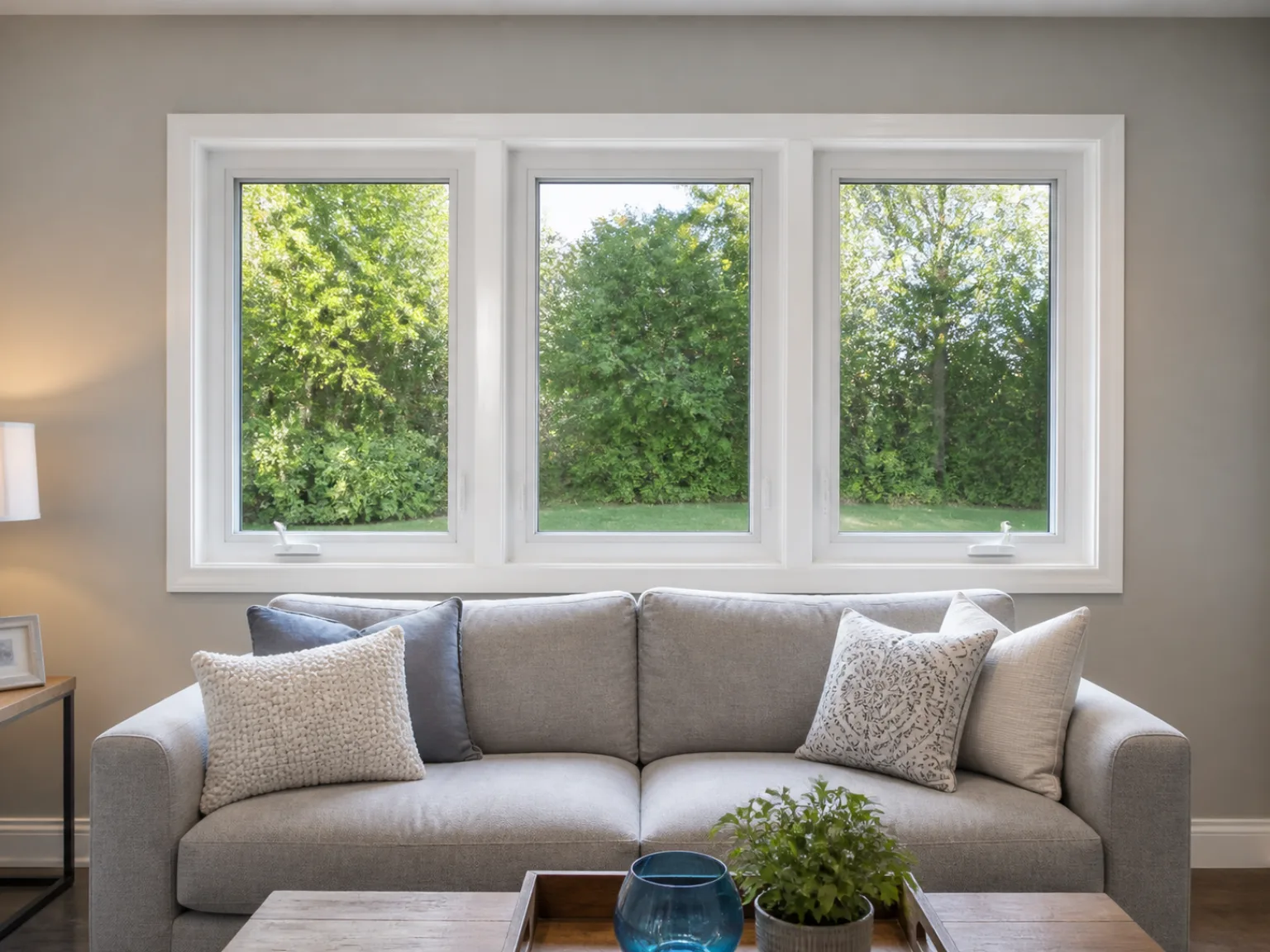 A row of white vinyl casement windows in a bright Whitby family room overlooking the backyard