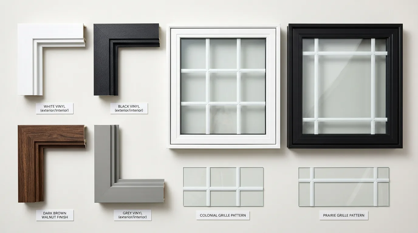 Vinyl window frame colour samples and grille pattern options