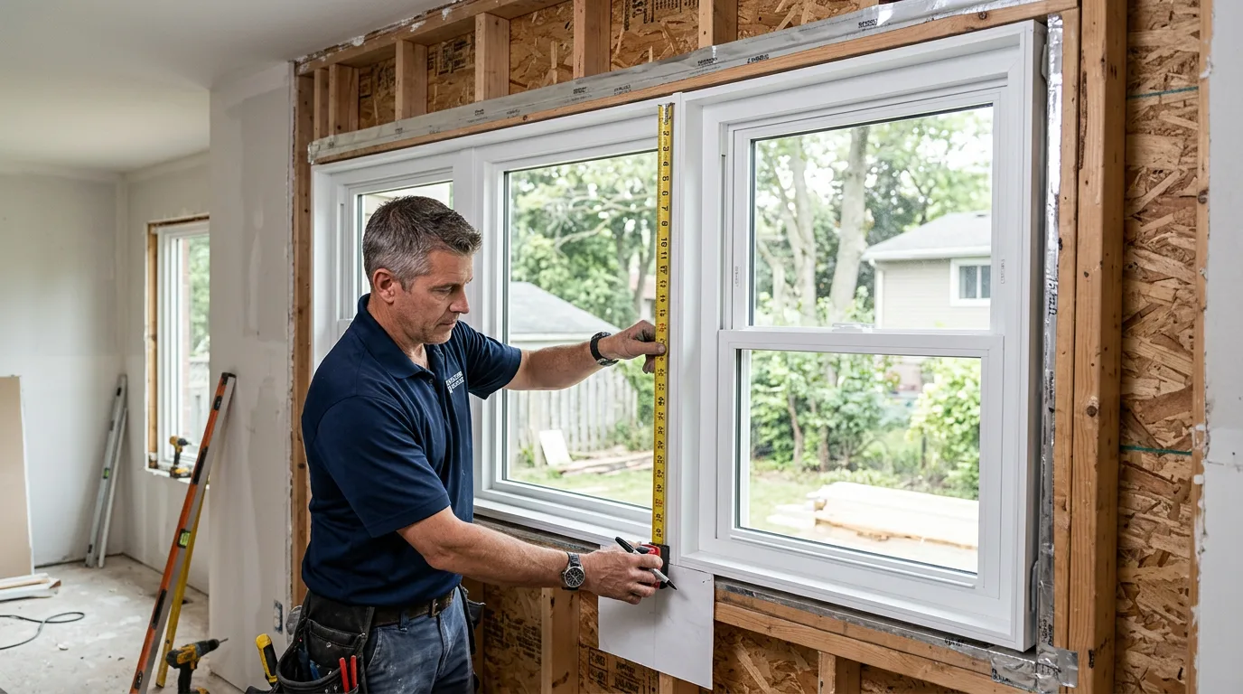 Professional installer measuring a custom combination vinyl window unit