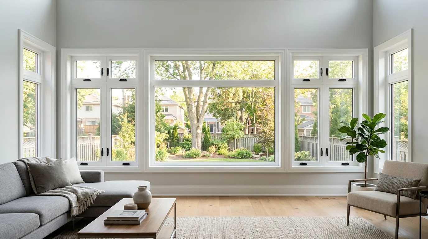 Large custom combination vinyl window installed in a bright GTA-area living room