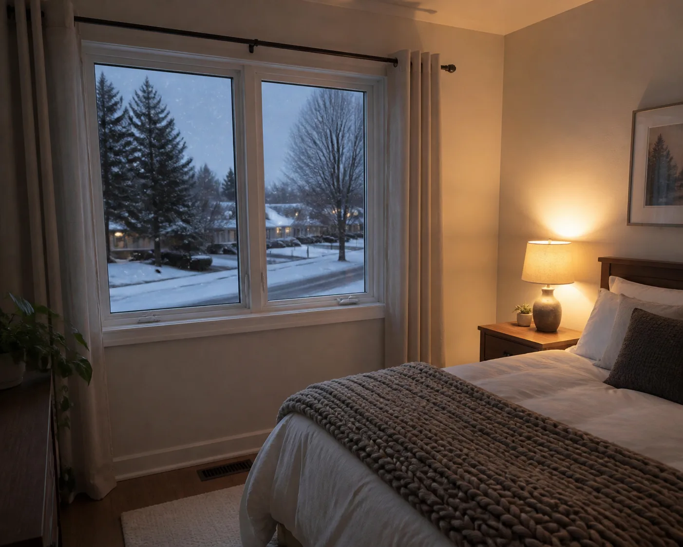 Quiet bedroom on a winter morning with clear, dry double pane windows