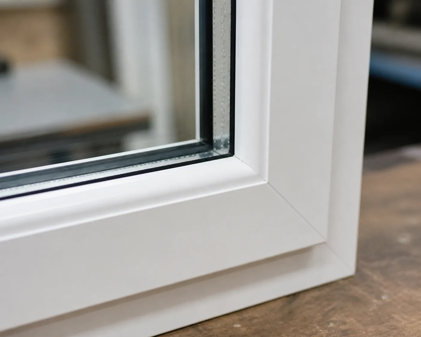 Close-up of the edge of a double pane glass unit showing two panes and a warm-edge spacer