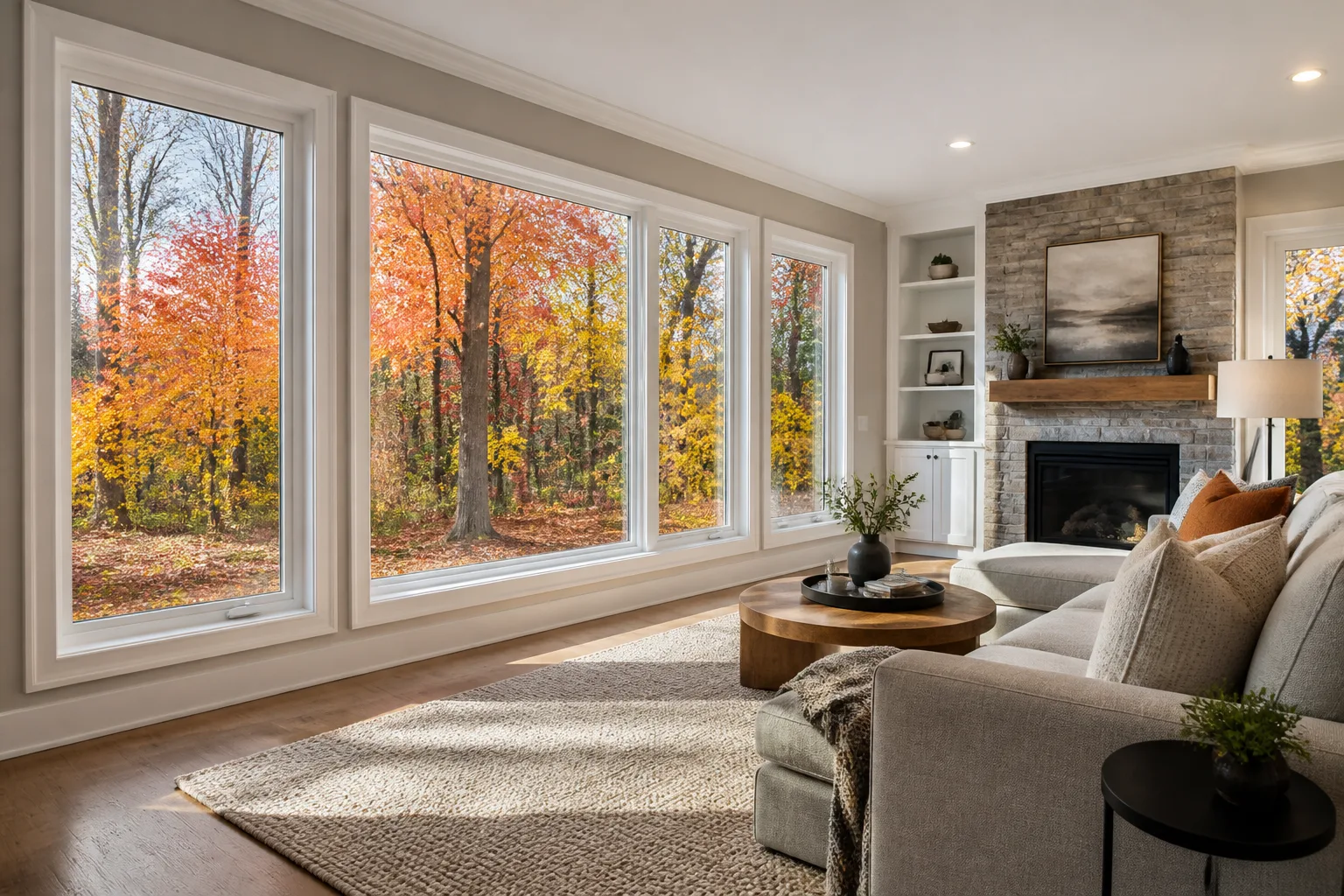 Bright Ontario living room in autumn with a wall of new white double pane windows