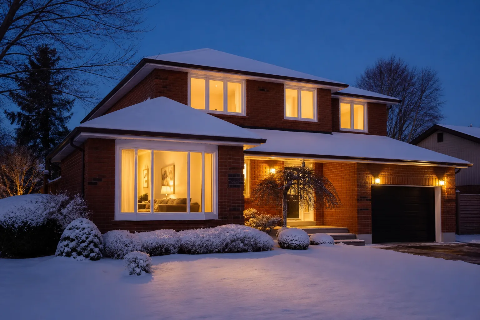 Brick Ontario home on a snowy winter evening with new white vinyl windows glowing with warm light
