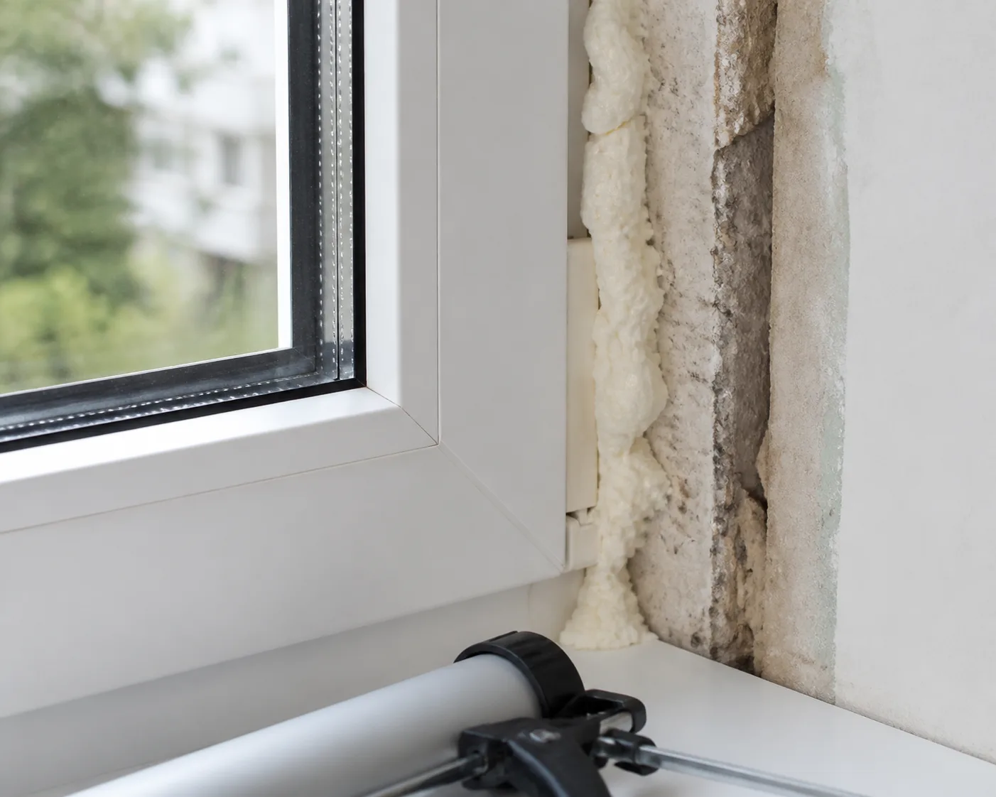 Corner of a new vinyl window with insulated double pane glass and insulation foam sealing the gap around the frame