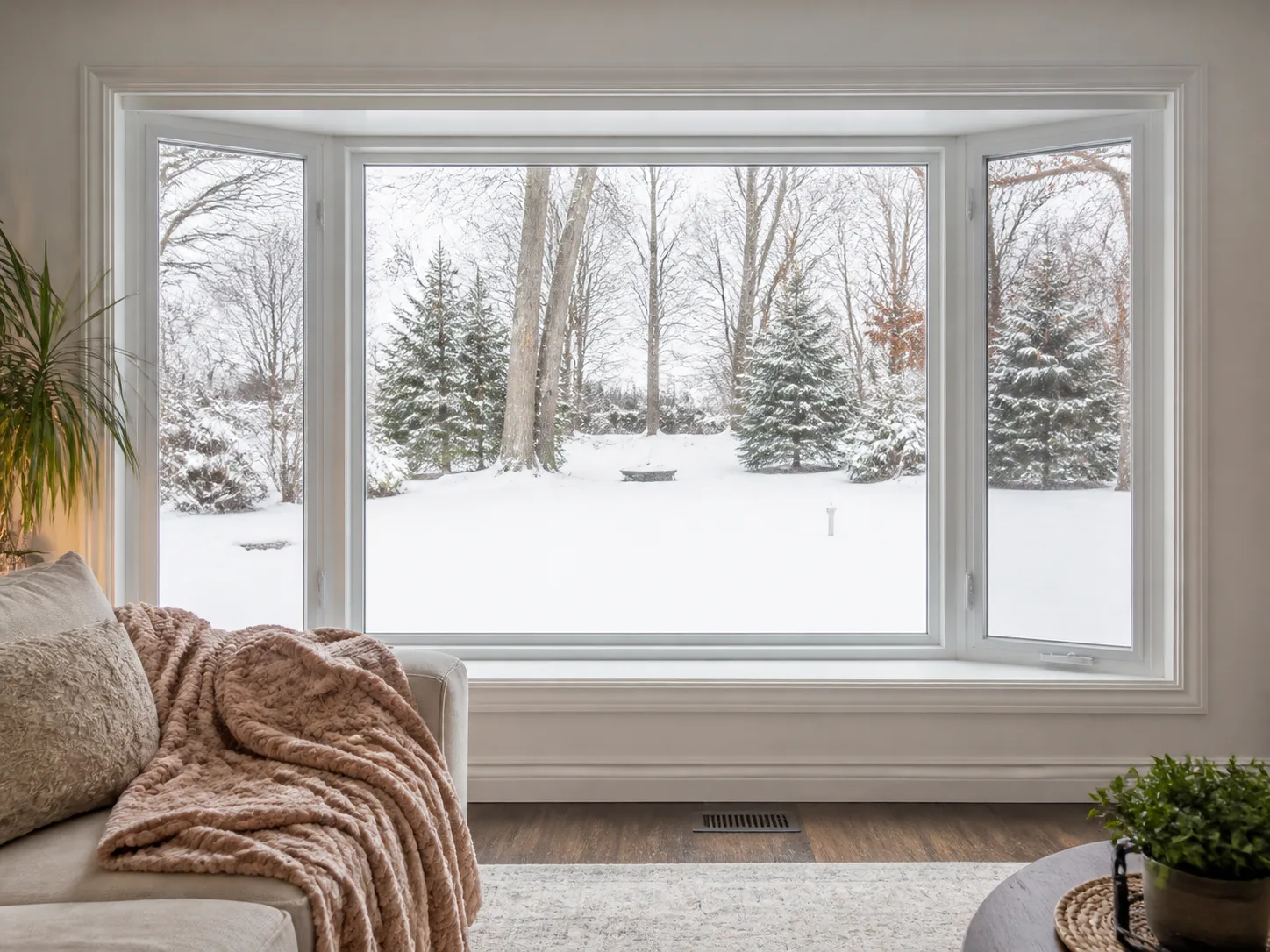 Cozy Ontario living room in winter with a white vinyl bay window of a large picture window and two casements, clear dry glass overlooking a snowy yard