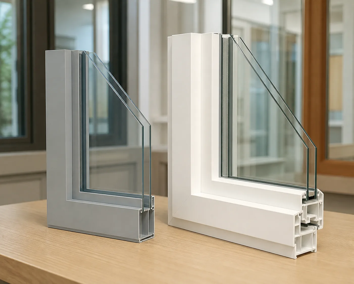 Two window frame corner samples side by side: a slim grey frame and a wider white vinyl frame