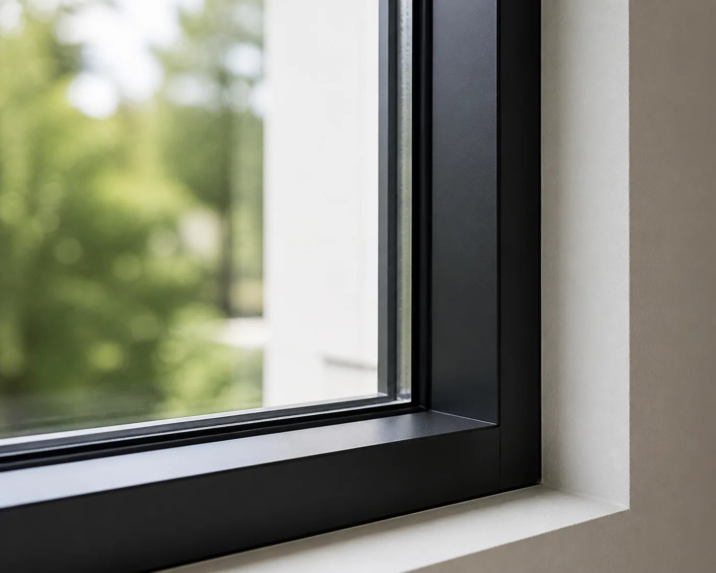 Close-up of a slim matte black window frame corner with clear double pane glass