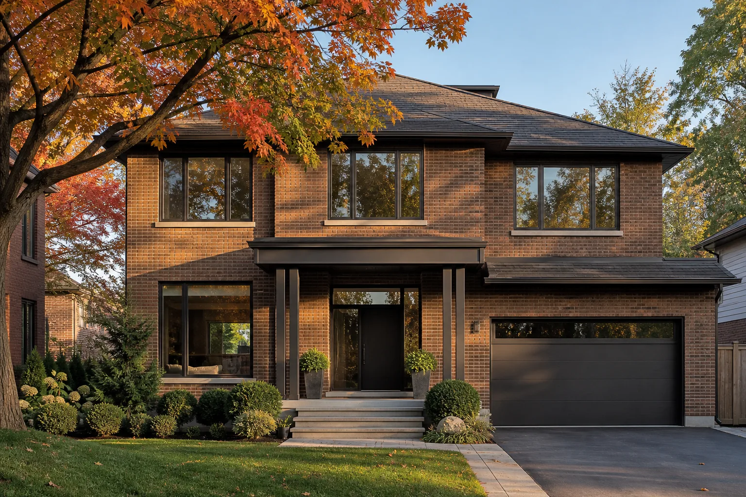 Ontario brick home in autumn with new slim dark-framed windows