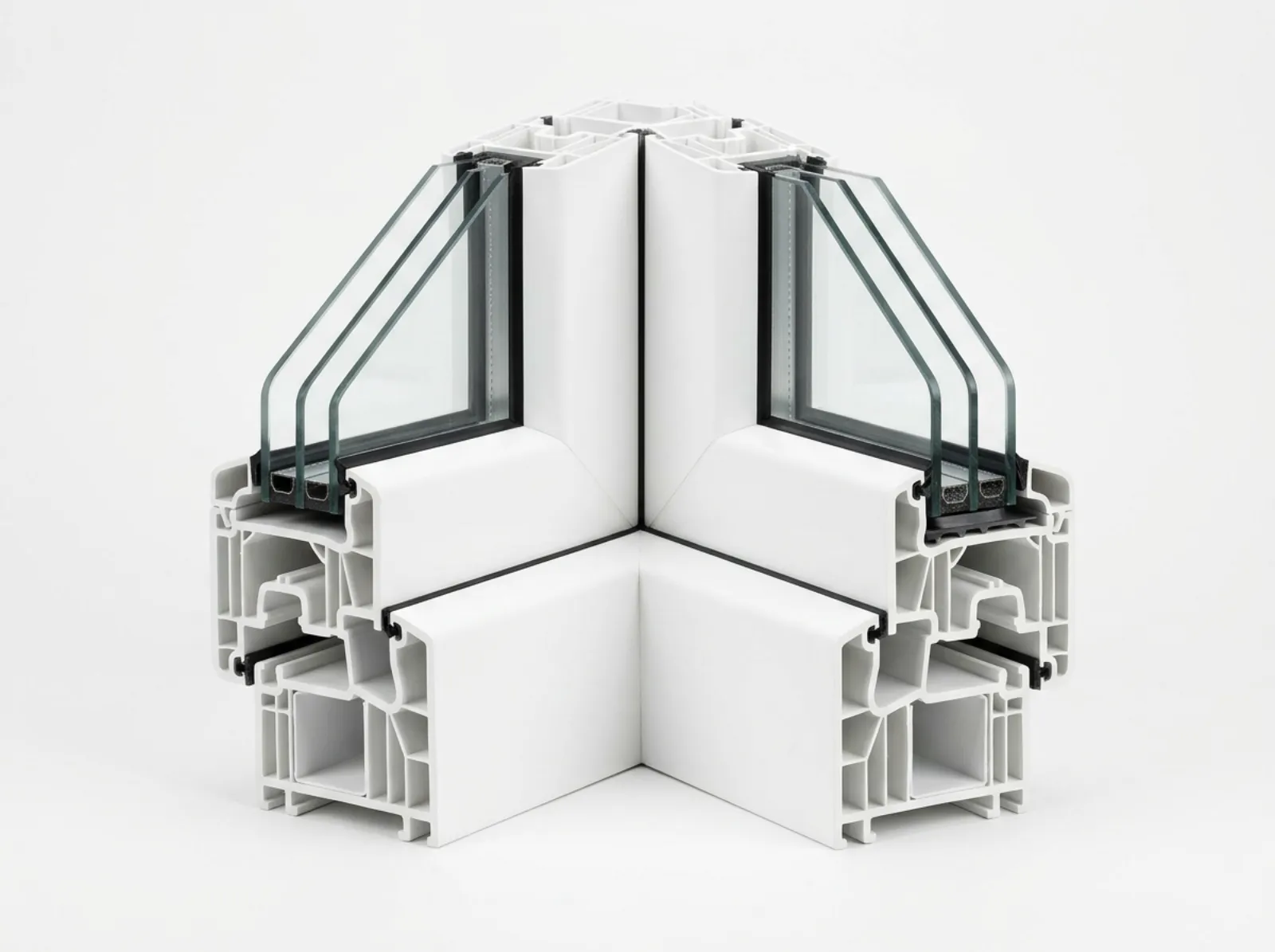 Cutaway showing the multi-chamber vinyl frame and insulated glass of a WindowFixers window