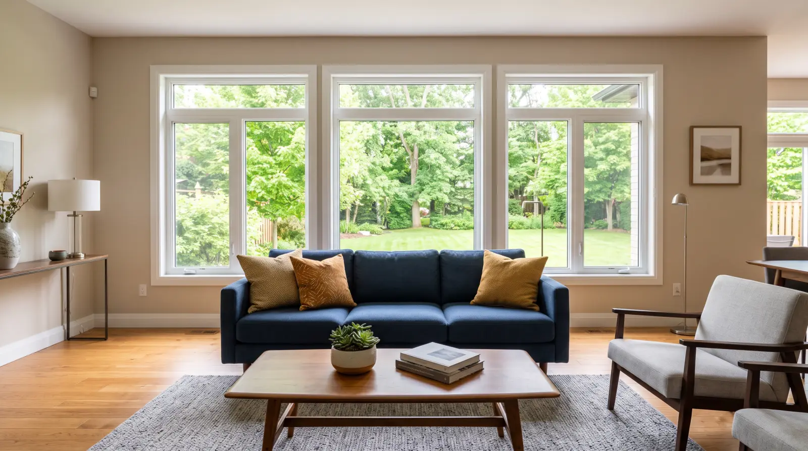 Bright modern living room filled with natural light through large white vinyl windows