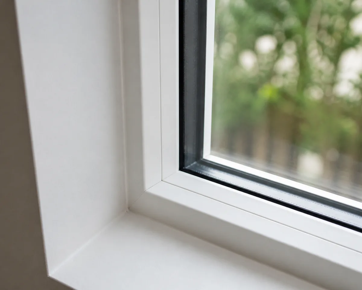 Close-up of the corner of a new white vinyl picture window frame showing the slim frame and sealed double glass