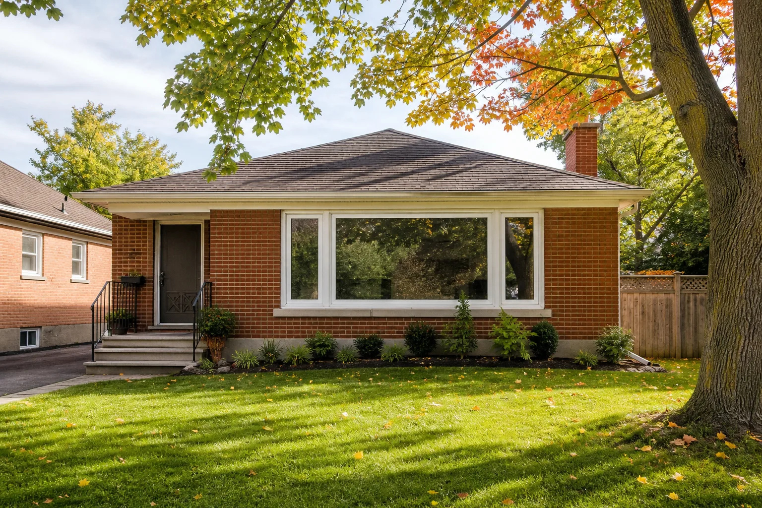 Toronto post-war brick bungalow with a large new white vinyl picture window flanked by two casement windows