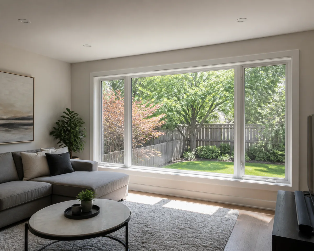 Bright Toronto living room with a large white vinyl picture window looking onto a green backyard