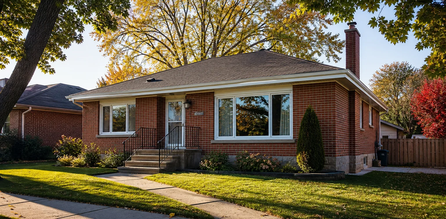 Toronto post-war brick bungalow with new wide white vinyl sliding windows on a tree-lined street in autumn