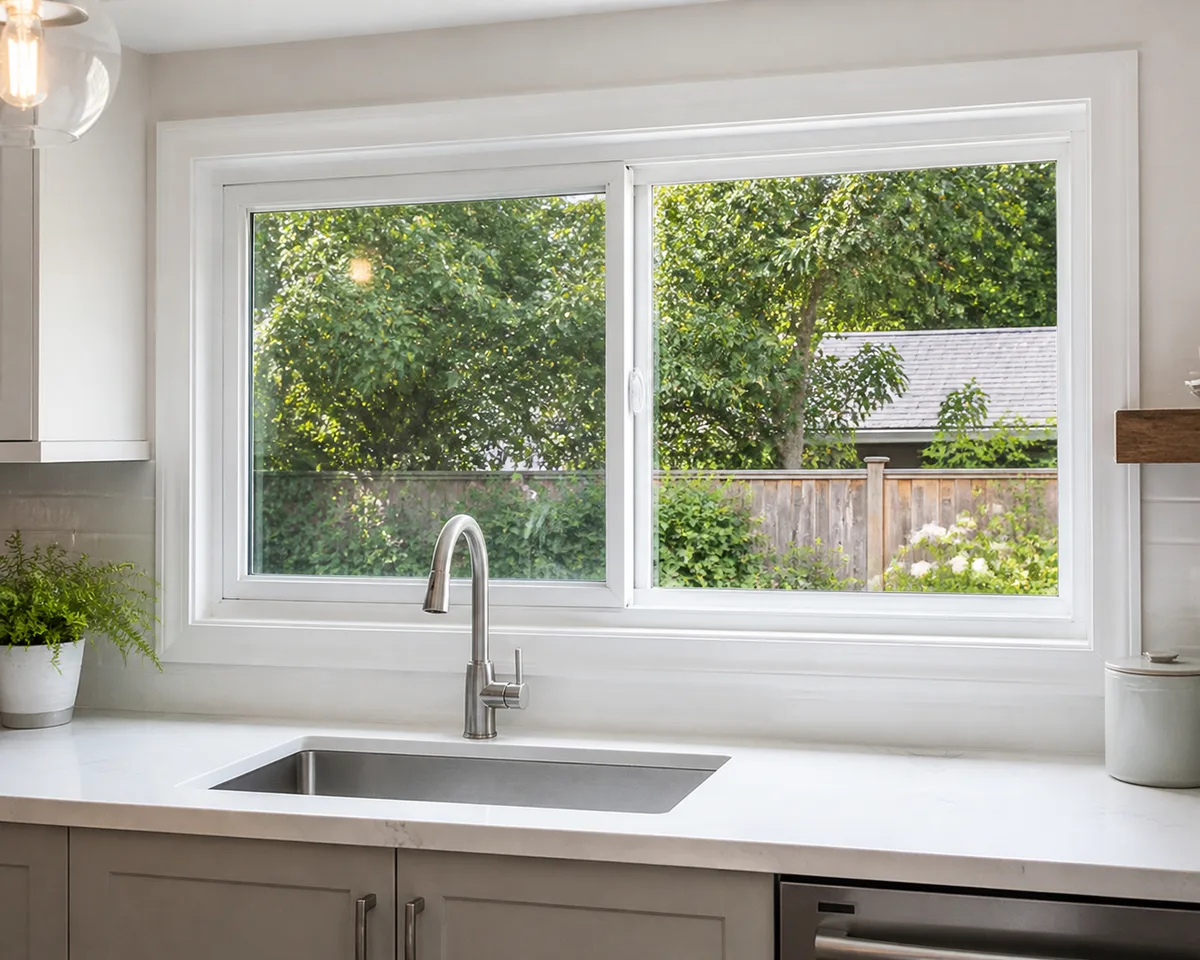 Bright Toronto kitchen with a wide white vinyl slider window above the sink, looking onto the backyard