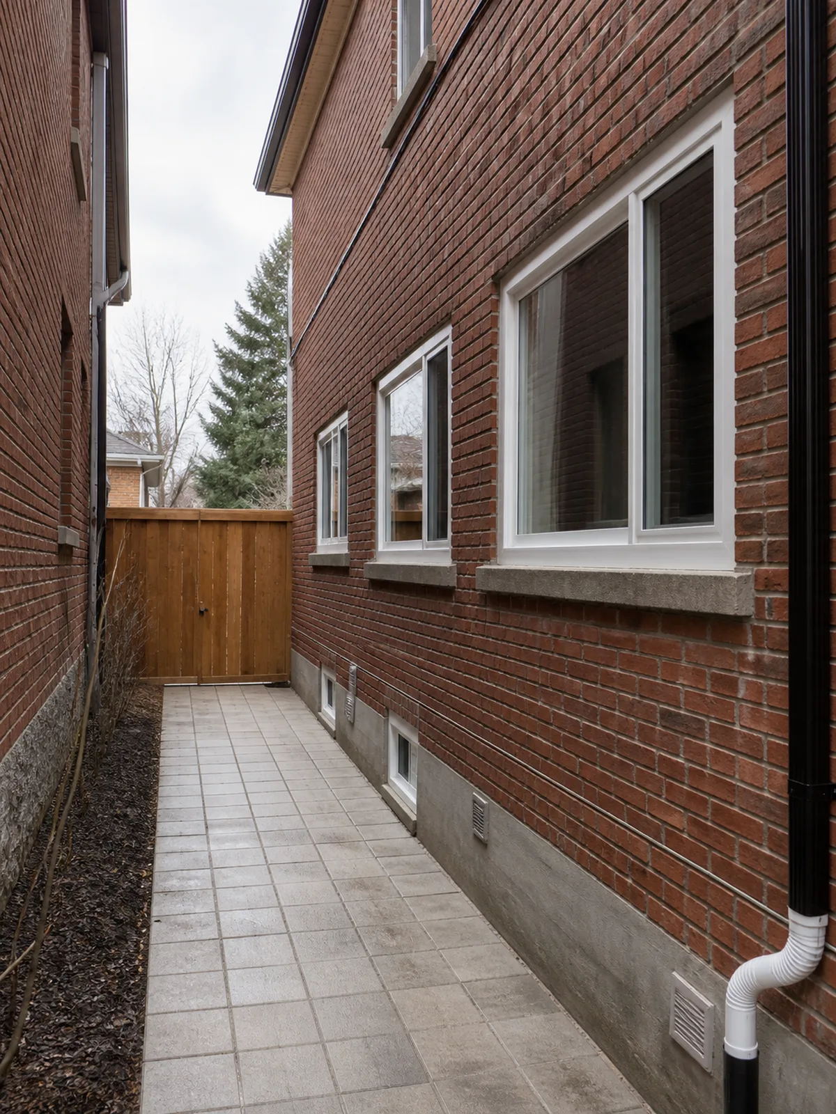 Narrow side yard between two Toronto red brick houses with new white vinyl sliding windows above a paved path