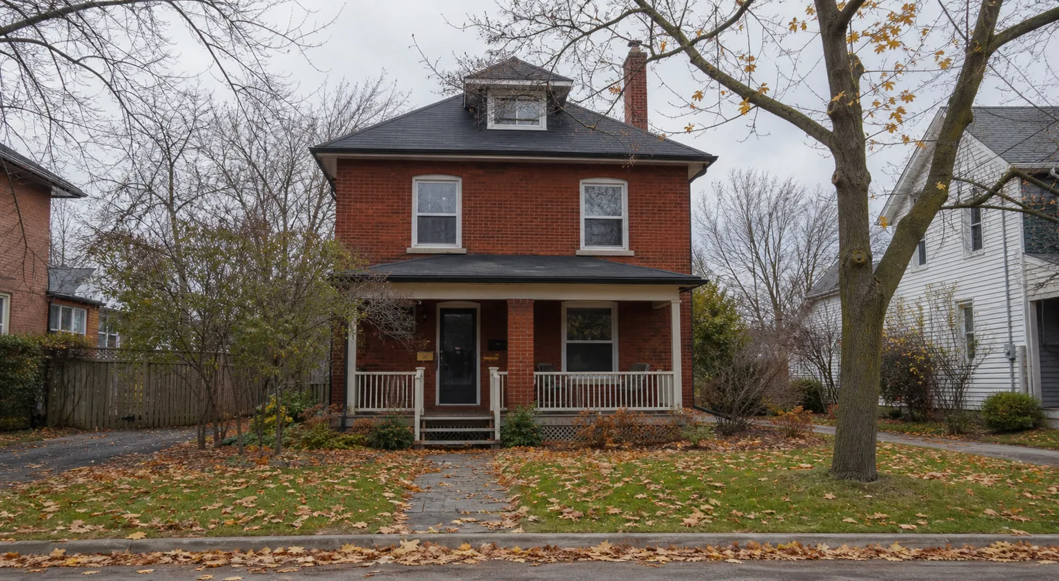 Older Ontario red brick house in autumn with white exterior storm windows over the original wood windows