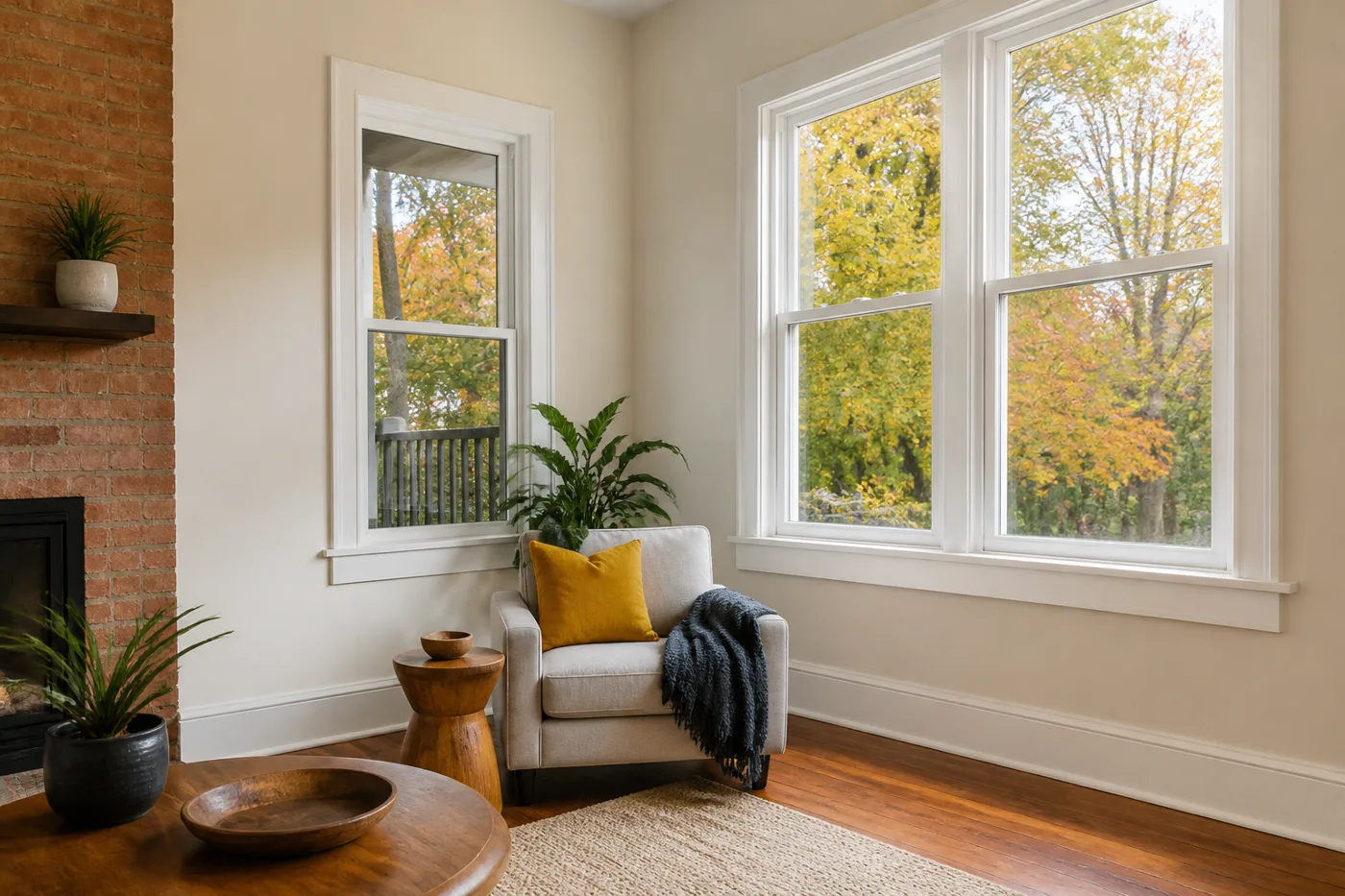 Bright living room in a century brick home with new white vinyl double-hung replacement windows