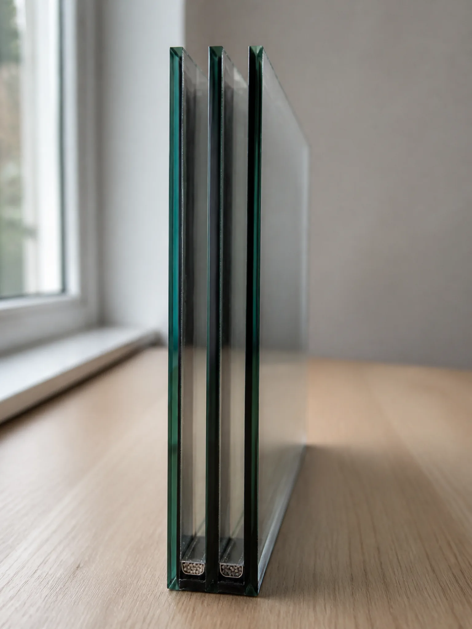 Edge view of a triple pane insulated glass unit showing three panes of glass and two spacers