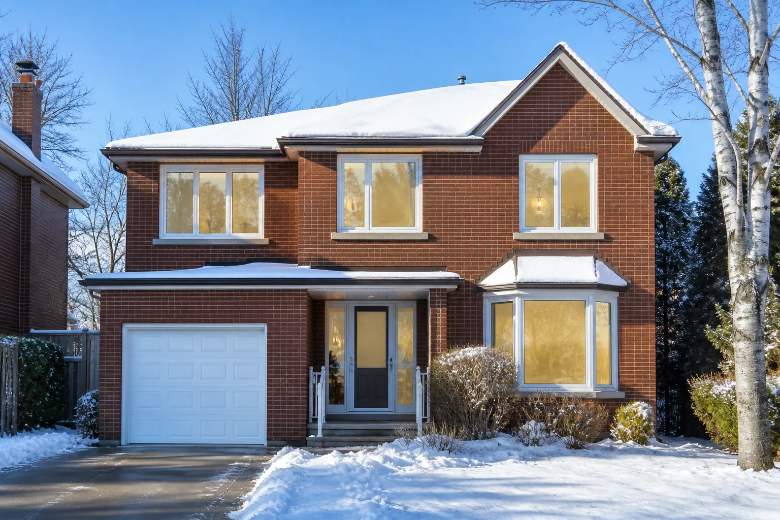 Brick Ontario home in winter snow with new white vinyl triple pane windows
