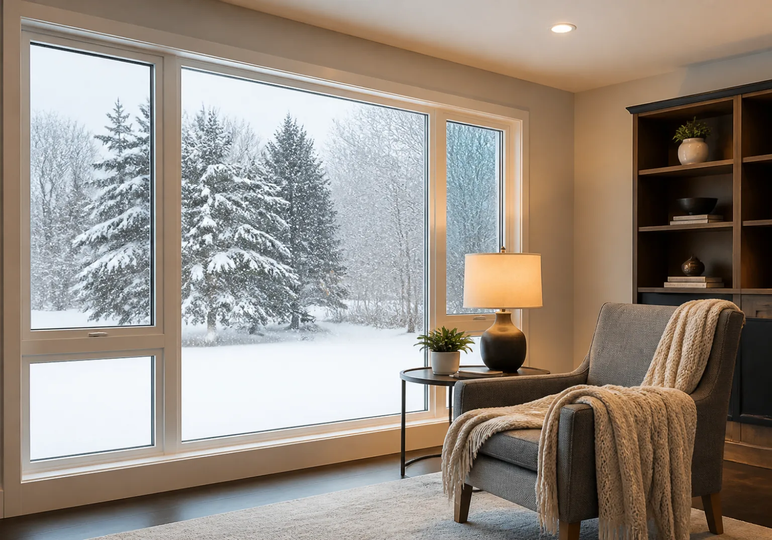 Warm living room in winter with clear, frost-free triple pane windows and snow falling outside