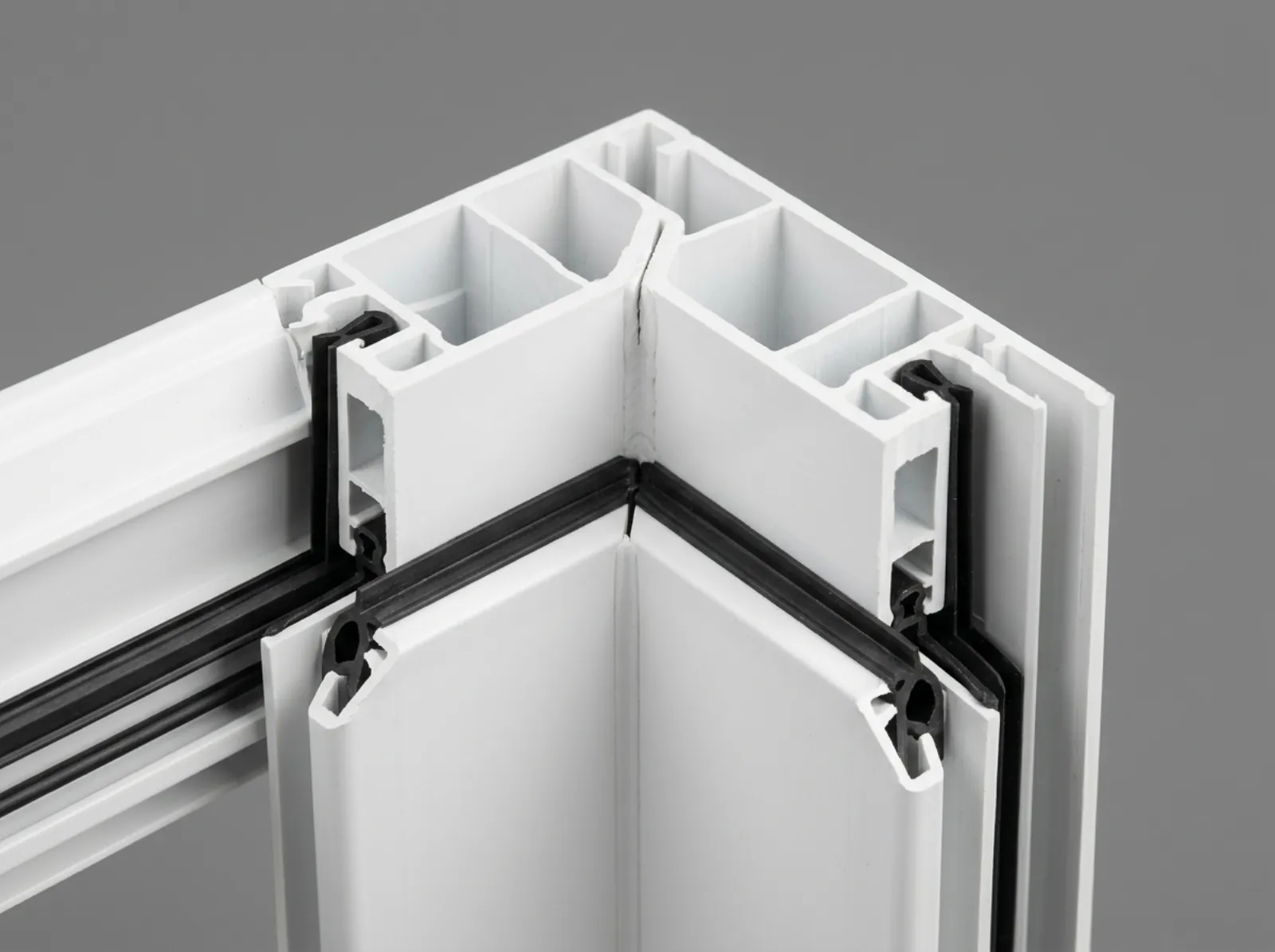 Close-up of a white vinyl window frame corner showing its multi-chamber insulated profile
